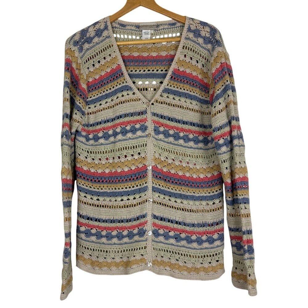 Coldwater Creek Vtg Crochet Cardigan Women's Medium Boho Striped Ramie Cotton